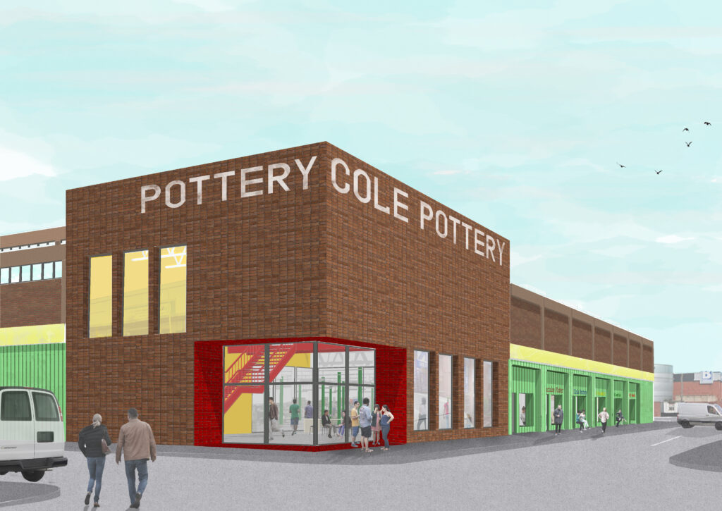 an exterior render showing the brick exterior of Cole's Pottery with green and yellow accents