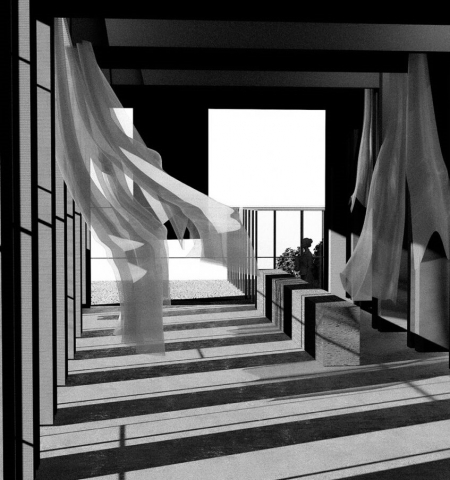 an atmospheric render in black and white showing the interior of the space. There are curtains blowing in the wind
