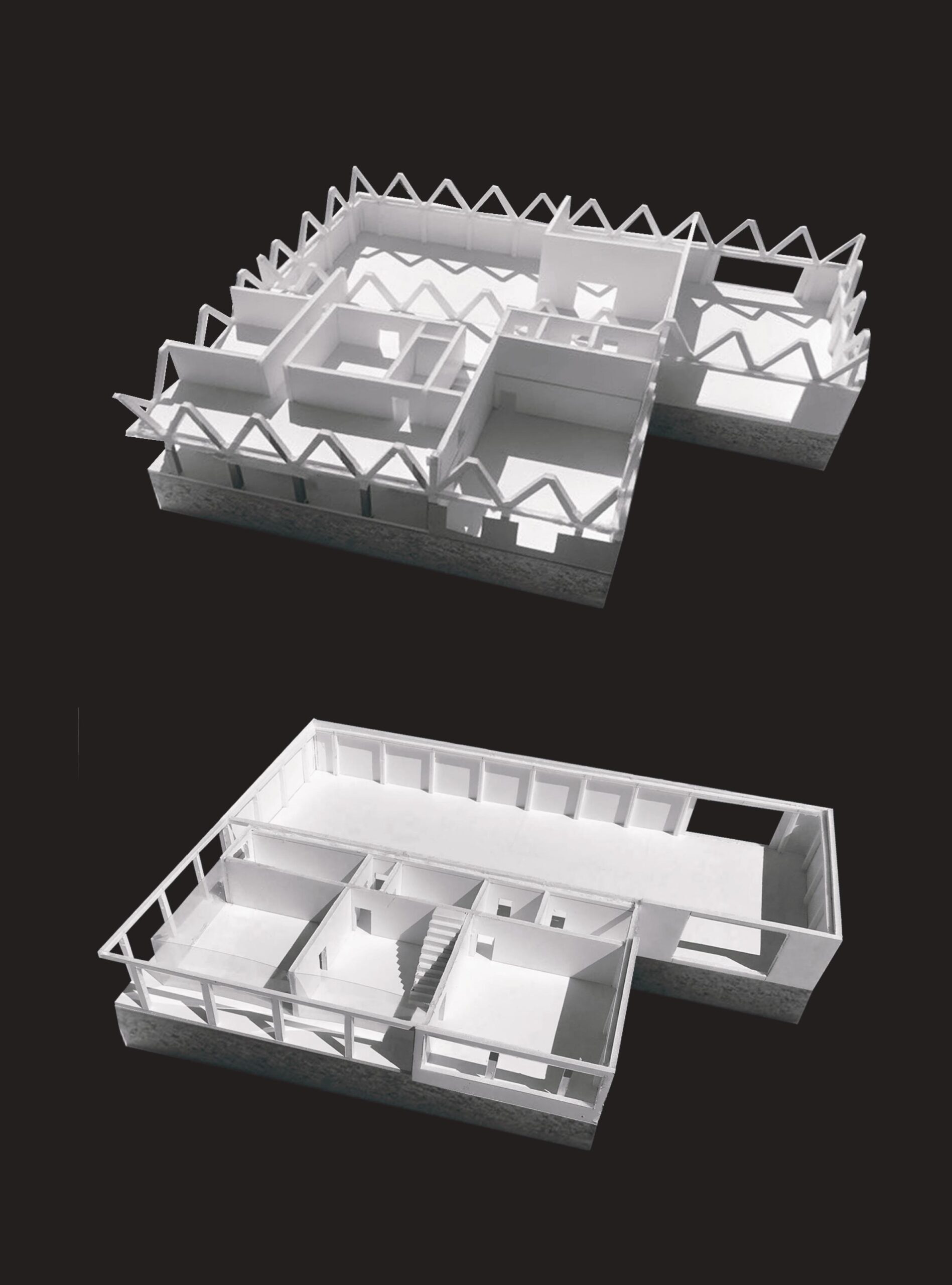 models showing the interior of the mill. The first provides a diagonal structural expression and the second shows a more linear expression