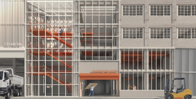render showing the material expression and entrance. The entrance is framed in orange which is also seen in the staircase. The staircase is visible due to its glass exterior.