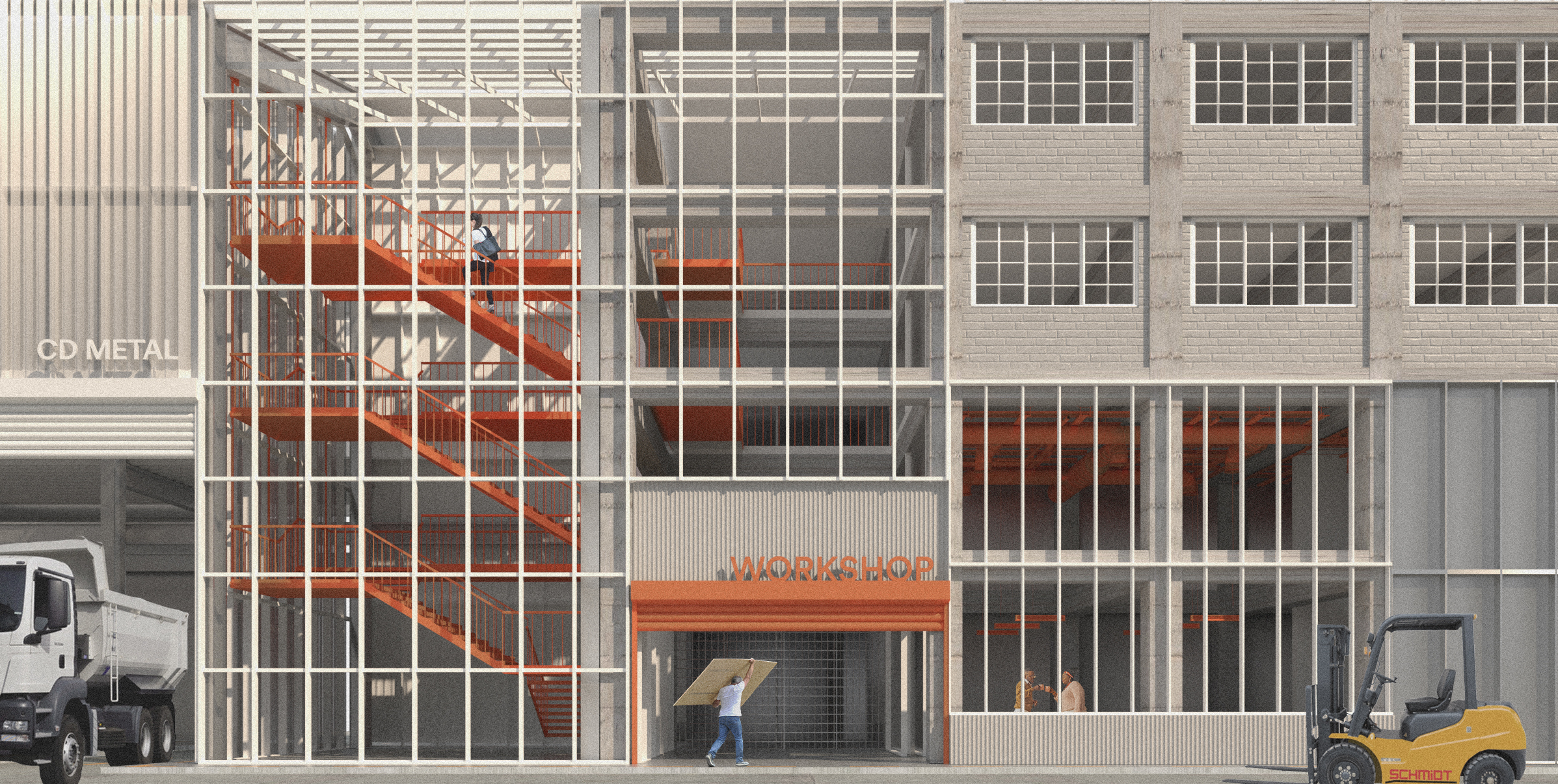 render showing the material expression and entrance. The entrance is framed in orange which is also seen in the staircase. The staircase is visible due to its glass exterior.