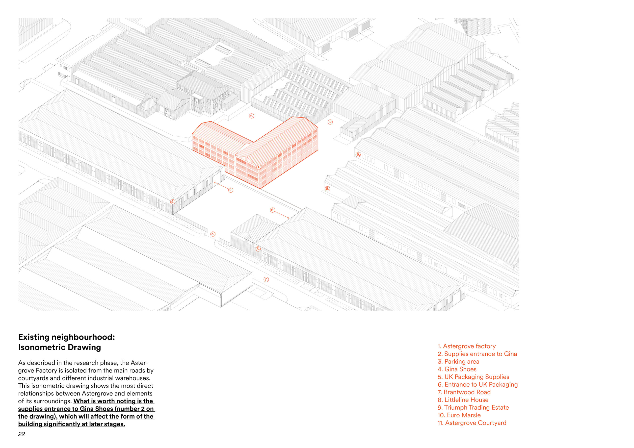 isometric drawing with the original building drawn in orange. the rest of the drawing is cad black and white