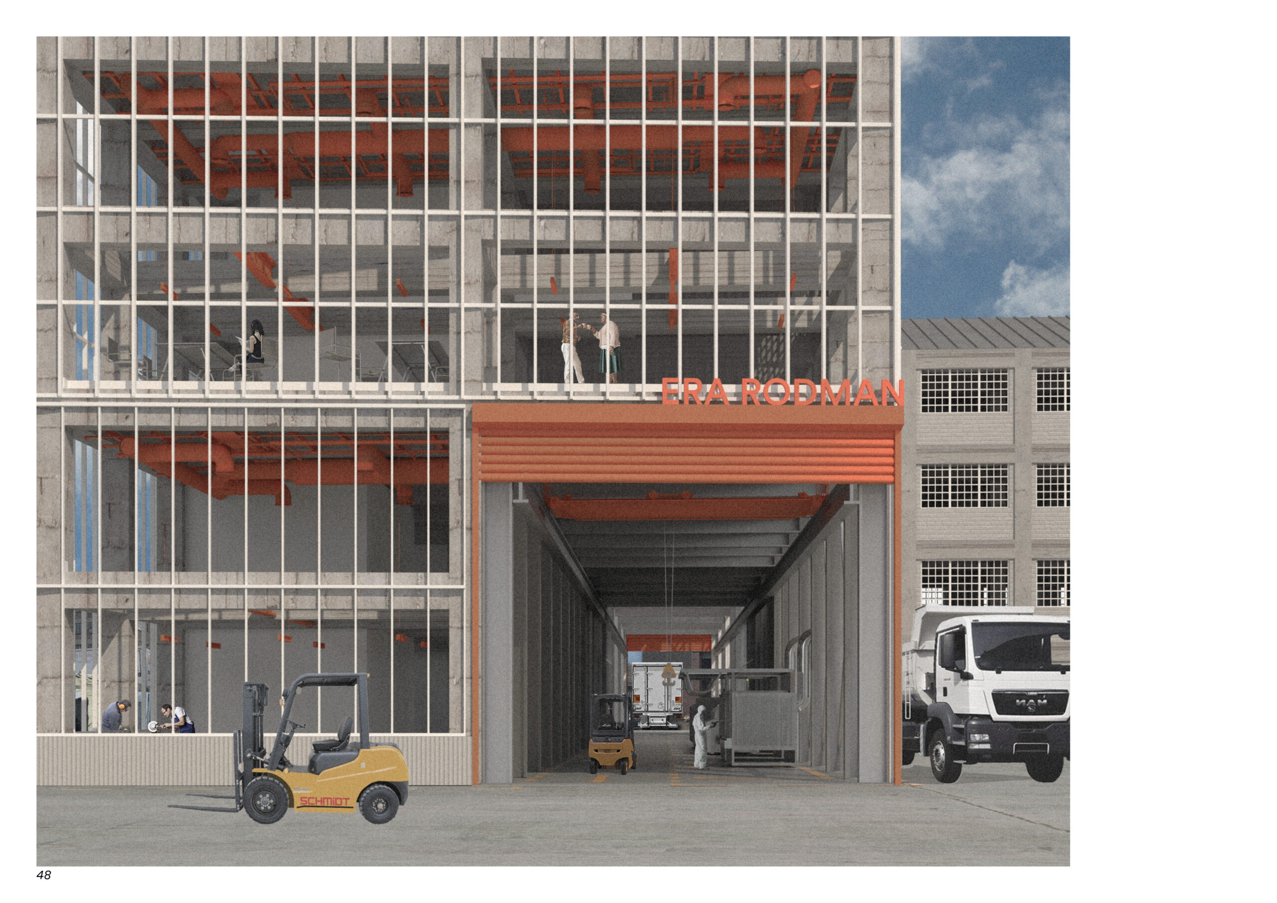 a render of the entrance of the metal works which is orange. behind is made of glass so we can see into the space
