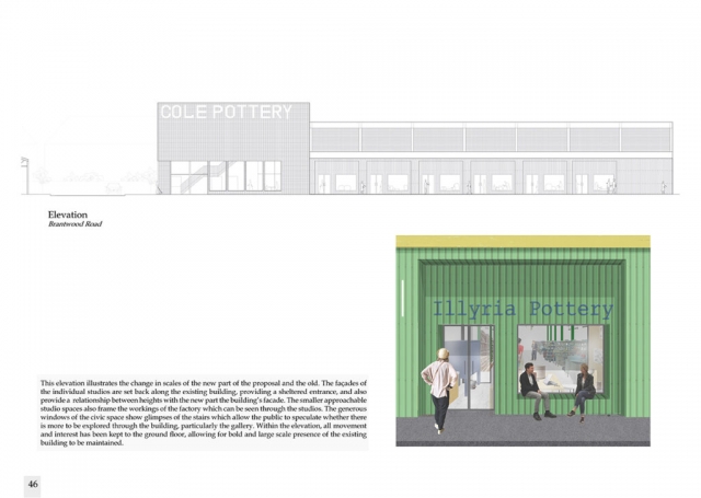 elevations showing cole pottery. There is also a small render wich shows the green exterior showing the artists space