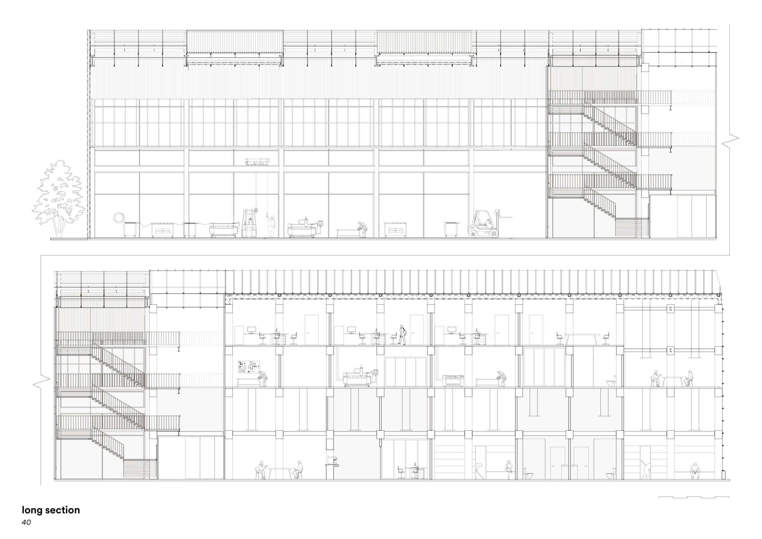Elevational study with stairs to the right. Sectional study with stairs to the left  and activity on all 4 floors