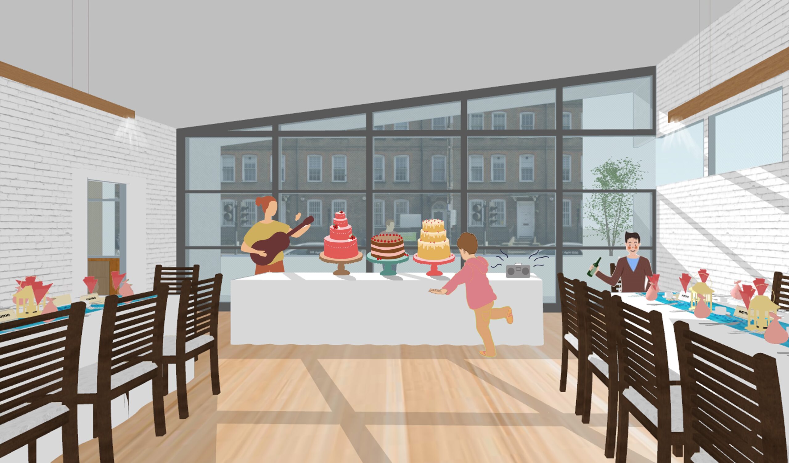 Table of cakes in the centre of the image with tables to either side, illustrating the interior of the cafe