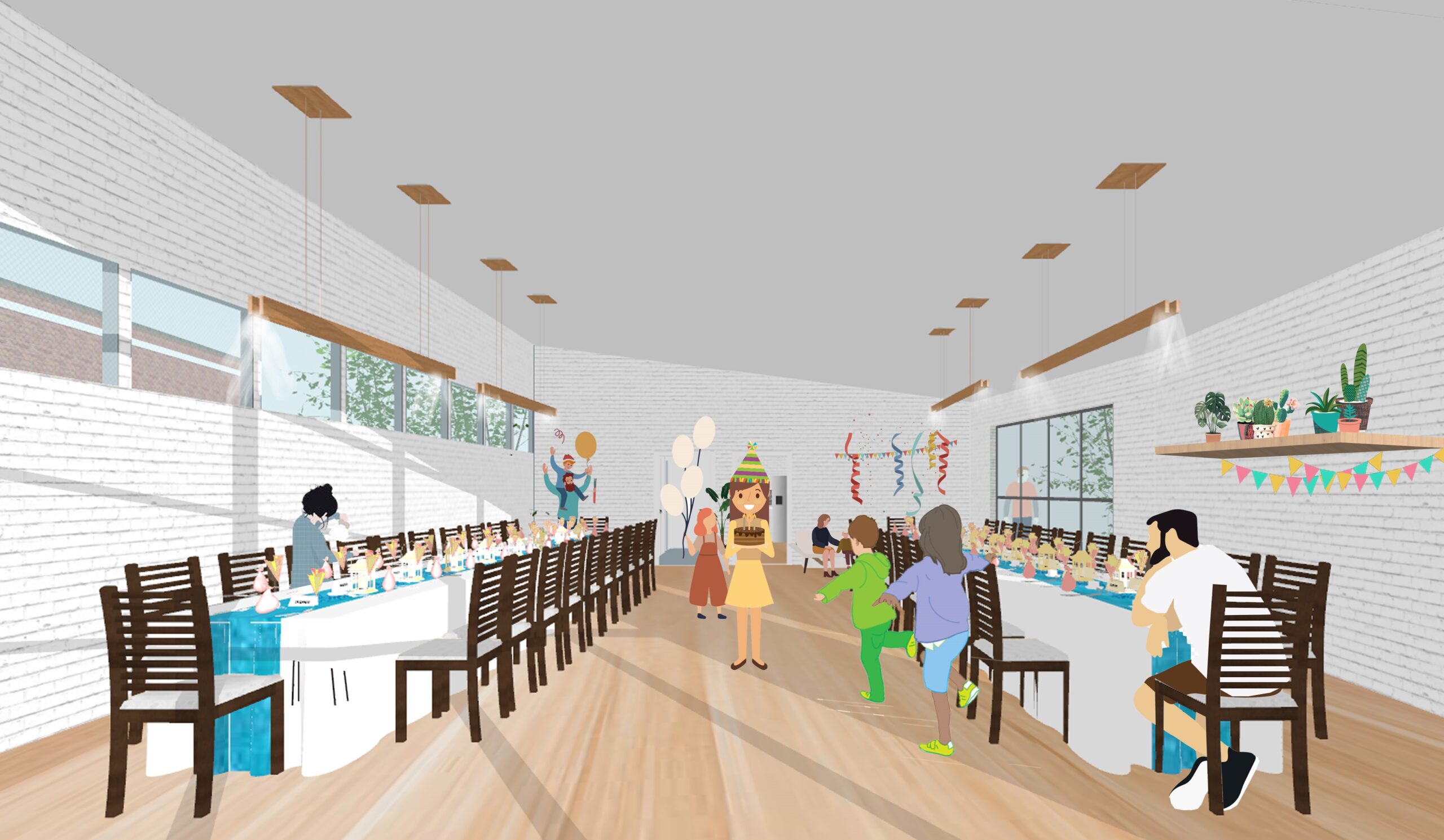 Person depicated in the centre of the image, tables to either side of her illustrating the setting of the cafe