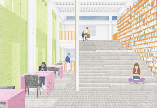 a render of the library inside the printworks. the structure is white and furniture and shelving is accented with colour. the stairs are central in the image and are wide wnough to sit on to the right but are normal stepd to the left. There is a space to write by the windows on the left of the image