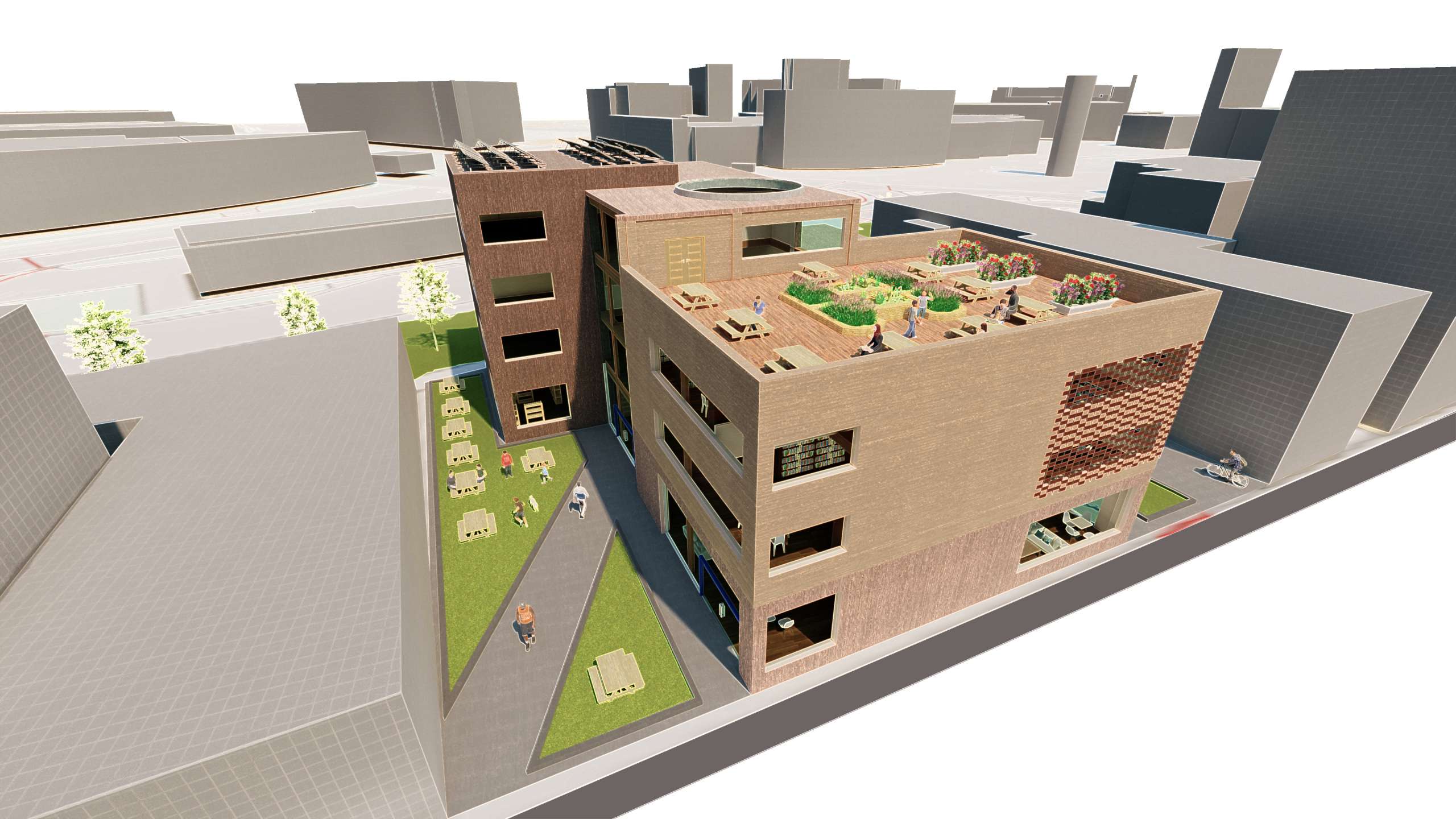Rendered Perspective showing the different blocks of the building and the associated courtyards.