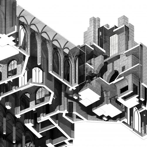 Worms eye axonometric section with a cut-out piece exposing the interior of the proposal