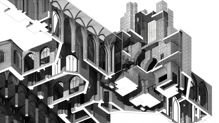 Worms eye axonometric section with a cut-out piece exposing the interior of the proposal