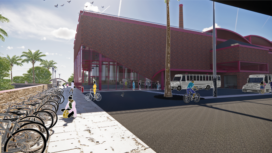 Front of the waste to "biofuel" plant with the provided bus station for better connectivity.