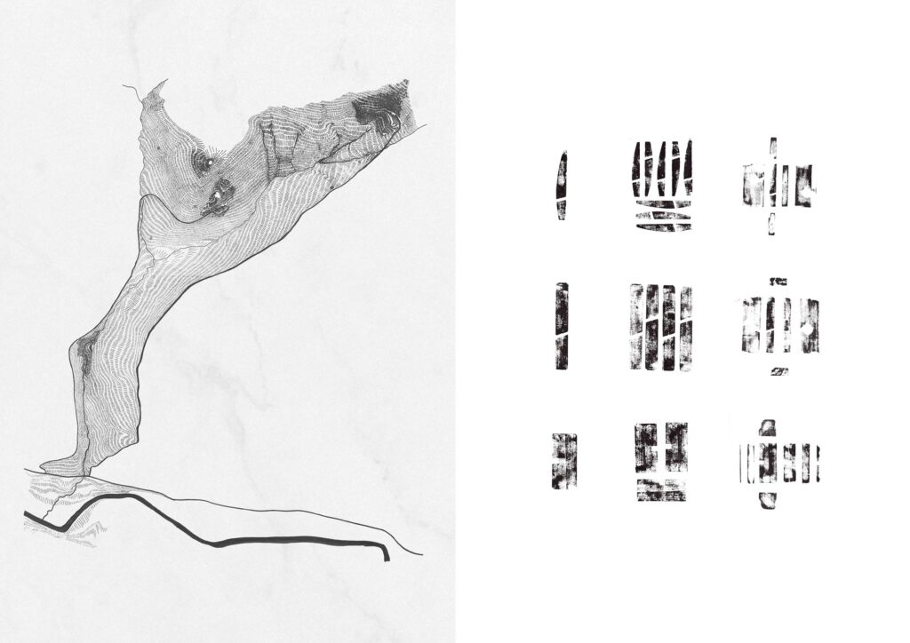 A plan highlighting the site's steep topography.

Studies were undertaken looking into mark-making using wooden hand planes.