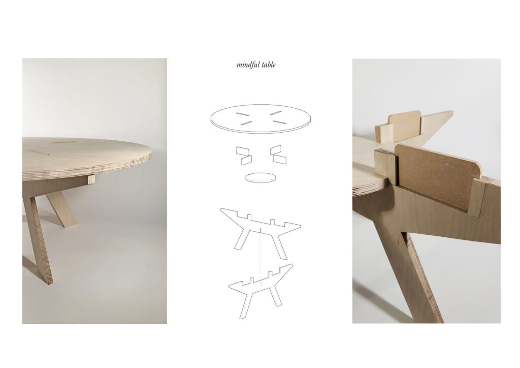 A table has been designed to increase participation of all family members within its assembly. The structural integrity of this table depends upon their phones, a design move that enables the family to be present and in the moment while sat down.