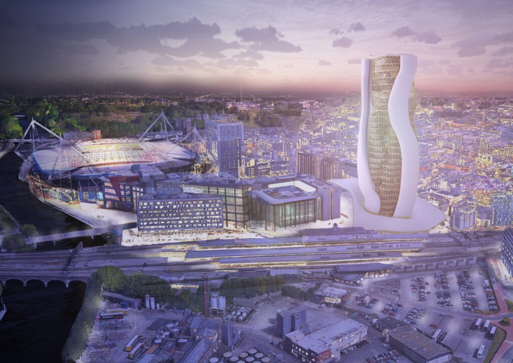 An aerial visualisation depicting One Central Tower in Cardiff with context.