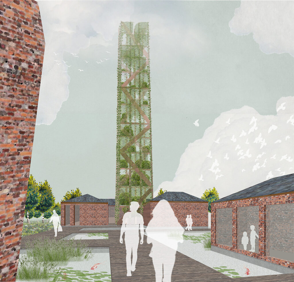 Exterior render of the boilerhouse, with its tall timber frame tower reaching into the sky. The tower heavily planted, with vines climbing over the structure. Timber walkways suspended over shallow pools connect the buildings, and people visiting the food store can be seen enjoying a peaceful and mindful walk over the water.