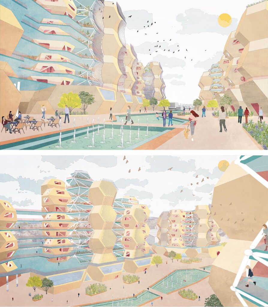 3D views of the public realm, from both ground level, and as viewed from an apartment higher up.