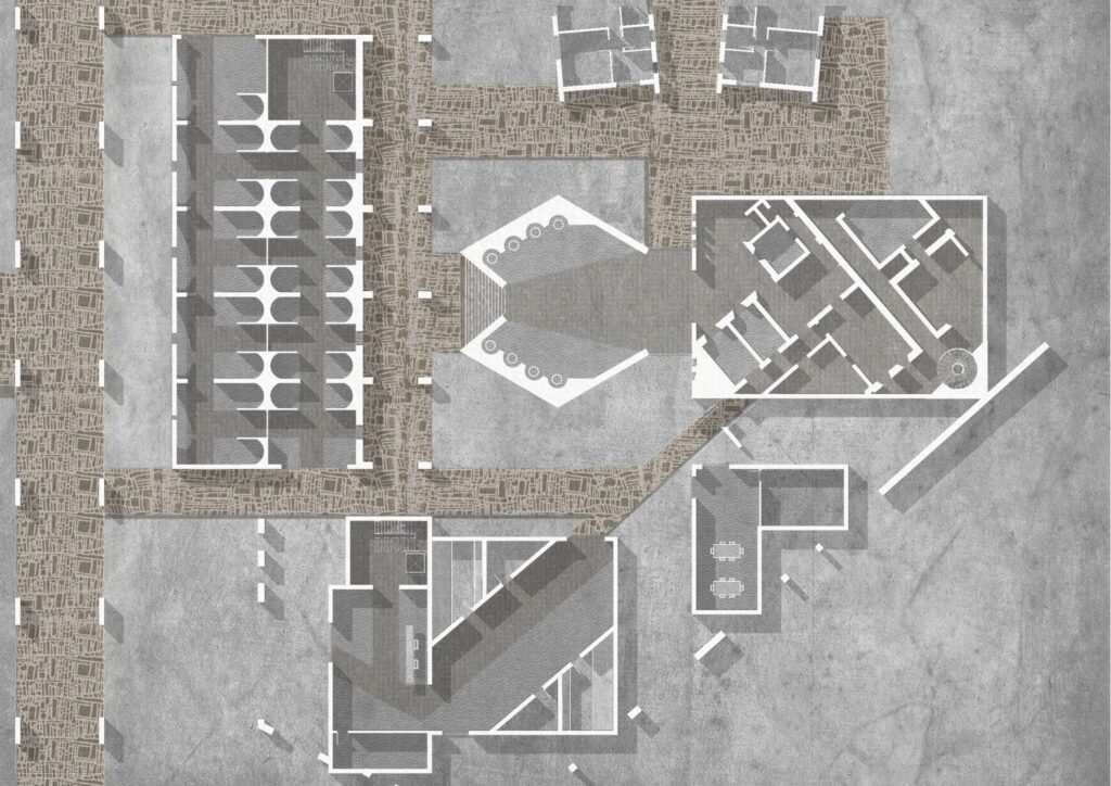 A ground floor plan showing the connection between the buildings through the landscaping and paving of the site.