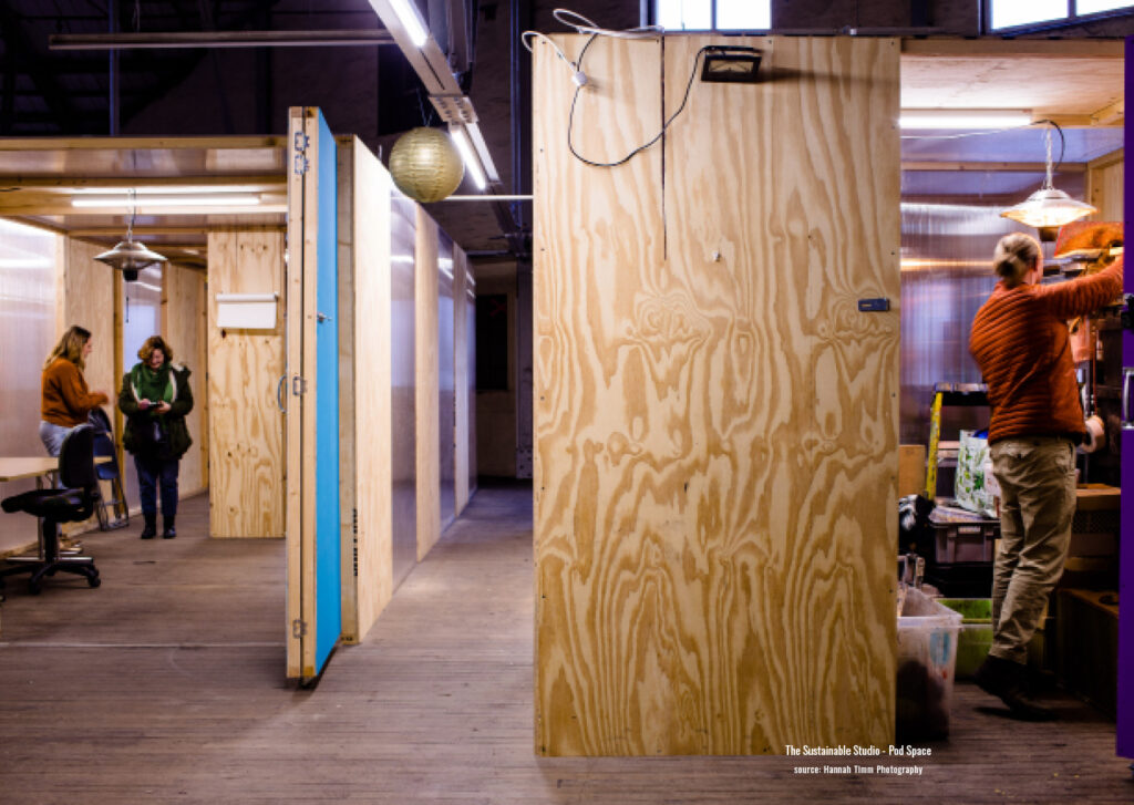 Image of Pod City with the pods open showing use and activity by the creatives in Sustainable Studio 