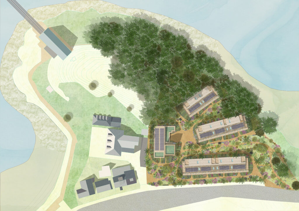 The overall site plan displaying the landscaping of wild and more defined allotments acting as a buffer zone between front door and communal paths.