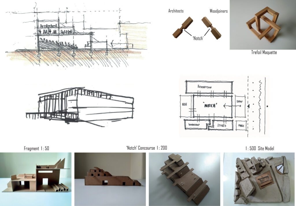 This image showcases different concept sketches and ideation processes that led to the schematic concept. Multiple models were experimented with during the process. 