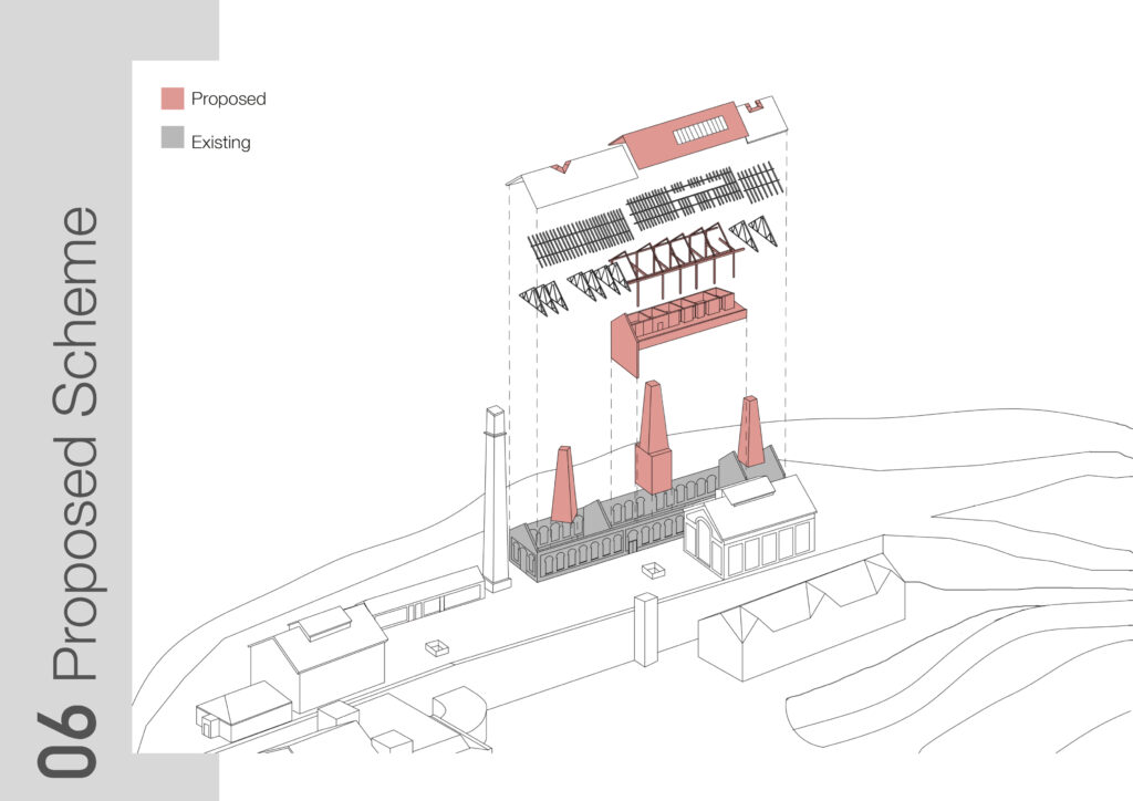 Exploded axonometric illustrating the existing and the proposed interventions on site. 