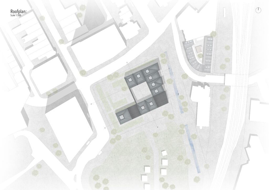 This image showcases the roof plan of the scheme in its context and surroundings at site.