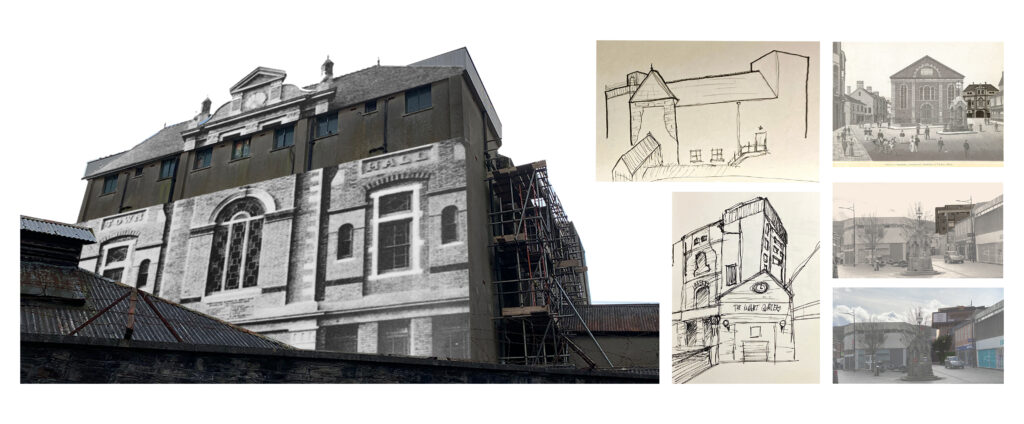 Photos and sketches comparing historic and modern pontypridd