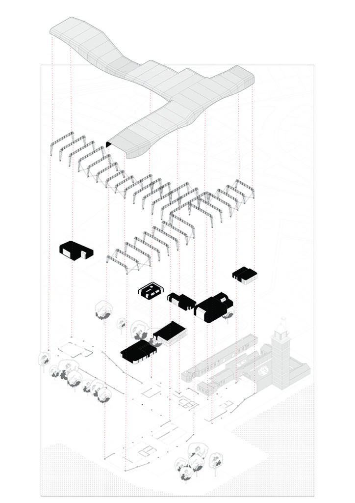 An exploded axonometric drawing showing the facility for cultivate and create.