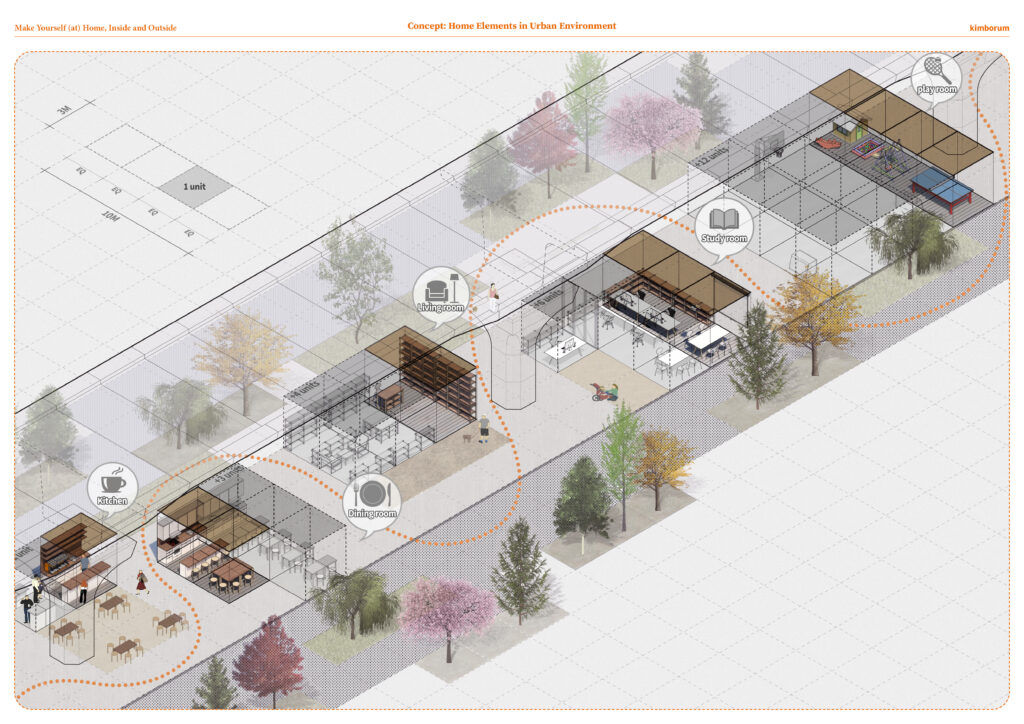 An axonometric view highlighting the building programmes available along the slim site.